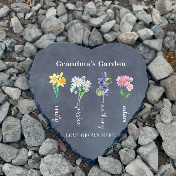 Personalized Garden Stone, Mothers Day Gifts for Grandma with Grandkid's Birth Flower Gift, Heart Shape - 6 inch