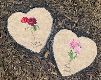 Personalized Birth Month Flower Garden Stone: Heart-Shaped Decor SD-203