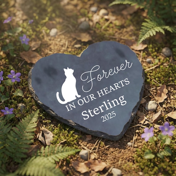 Personalized Cat Memorial Stone, Heart Garden Marker Pet Loss Sympathy Gift