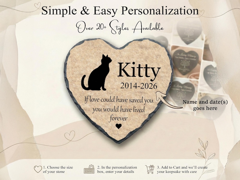 Heart Rock Memorial Cat Loss Gift, Personalized Slate Stone Grave Marker SD-32 image 6
