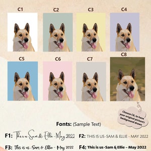 May include: A digital illustration of a dog with different background colour options. The dog is a light brown colour with a pink nose and tongue. The background colours include white, light green, yellow, light purple, light blue, pink, grey, and brown. The text "This is us-Sam & Ellie - May 2022" is shown in different fonts.