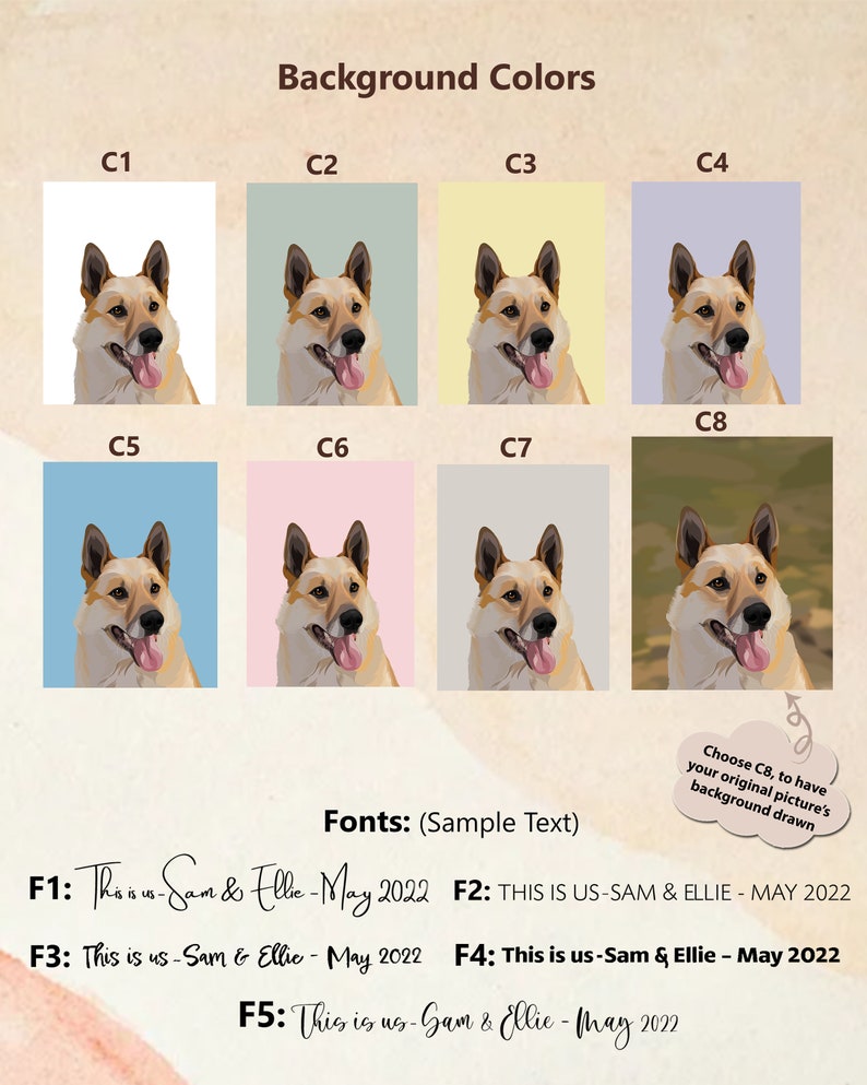 May include: A digital illustration of a dog with different background colour options. The dog is a light brown colour with a pink nose and tongue. The background colours include white, light green, yellow, light purple, light blue, pink, grey, and brown. The text "This is us-Sam & Ellie - May 2022" is shown in different fonts.