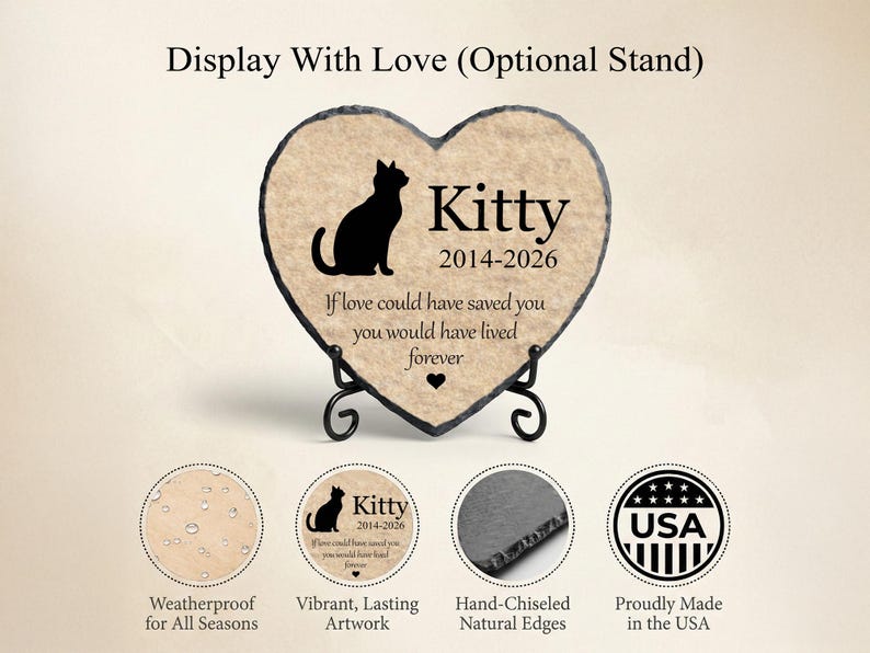 Heart Rock Memorial Cat Loss Gift, Personalized Slate Stone Grave Marker SD-32 image 2