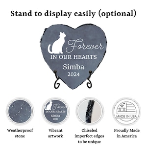 May include: A heart-shaped, gray stone memorial with the text "Forever In Our Hearts Simba 2024" and a white cat silhouette. The memorial is displayed on a black metal stand. Additional details include "Weatherproof stone", "Vibrant artwork", and "Proudly Made in America".