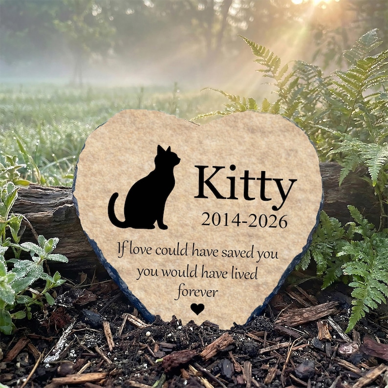 Heart Rock Memorial Cat Loss Gift, Personalized Slate Stone Grave Marker SD-32 image 1