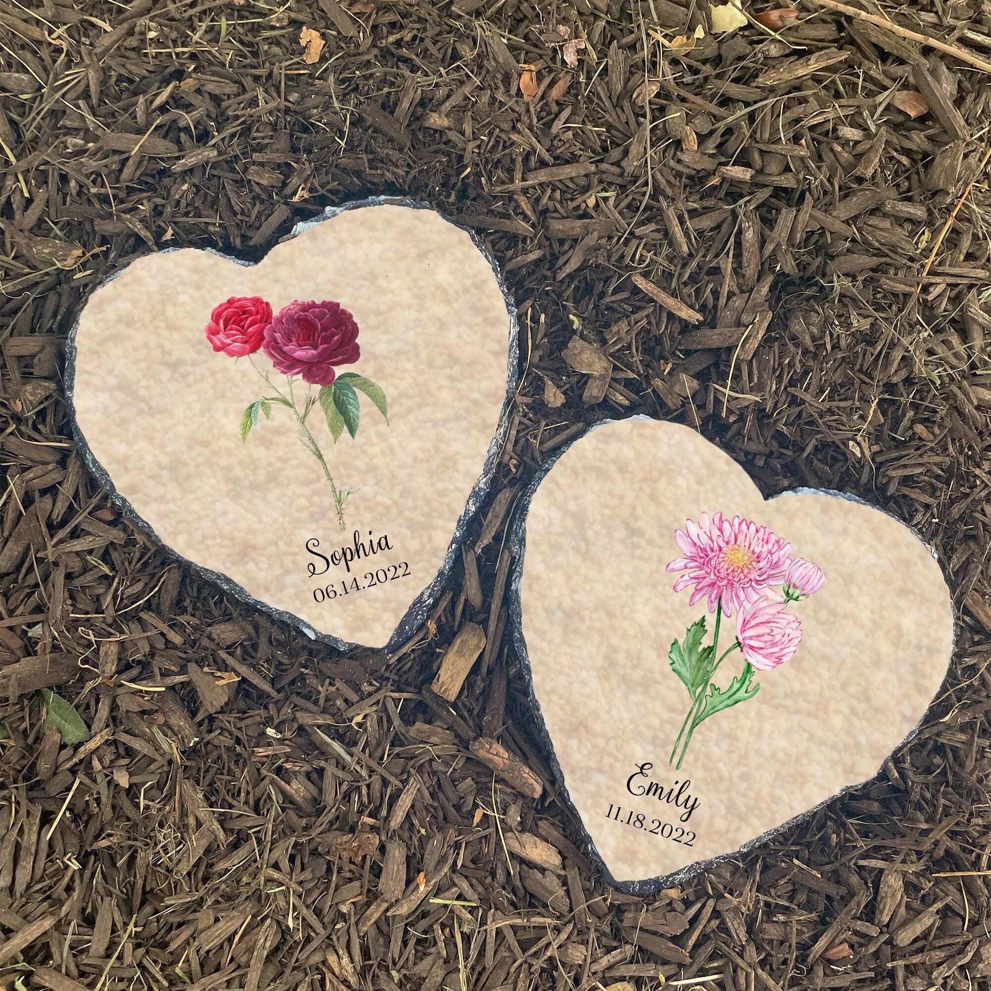 Birth Month Flower Garden Stone, Heart Shaped  Garden Decor with Name and Date, Personalized Unique Gifts for Her SD-203A