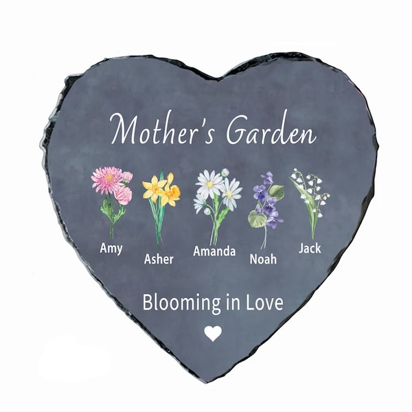 Personalized Garden Stone, Mothers Day Gifts for Mom Birth Flower Gift, Heart Shape - 6 inch