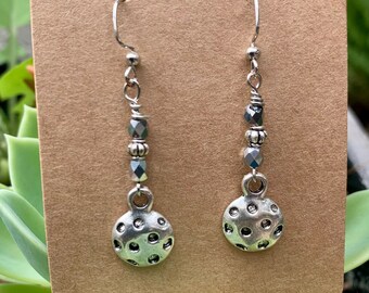 Pickle ball dangle earrings with Silver beads.