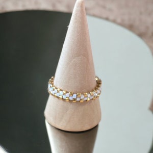 Seed bead ring, handmade ring, miyuki delicas ring, white and gold