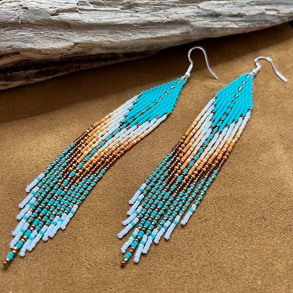 Long American Indian style earrings, bead earrings, seed earrings, fringe earrings, native earrings