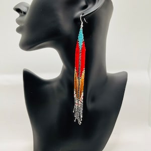Extra long American Indian earrings, beaded earrings, native earrings, fringe earrings