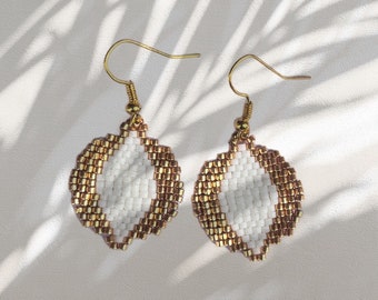 Boucles d'oreilles en perles, boucles d'oreilles miyuki, boucles d'oreilles tissées en perles d'or et d'ivoire