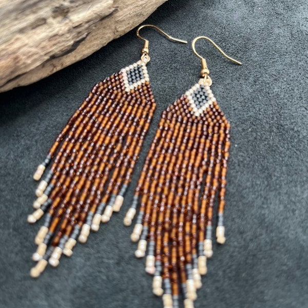 American Indian style medium earrings, bead earrings, seed earrings, native earrings, brown earrings