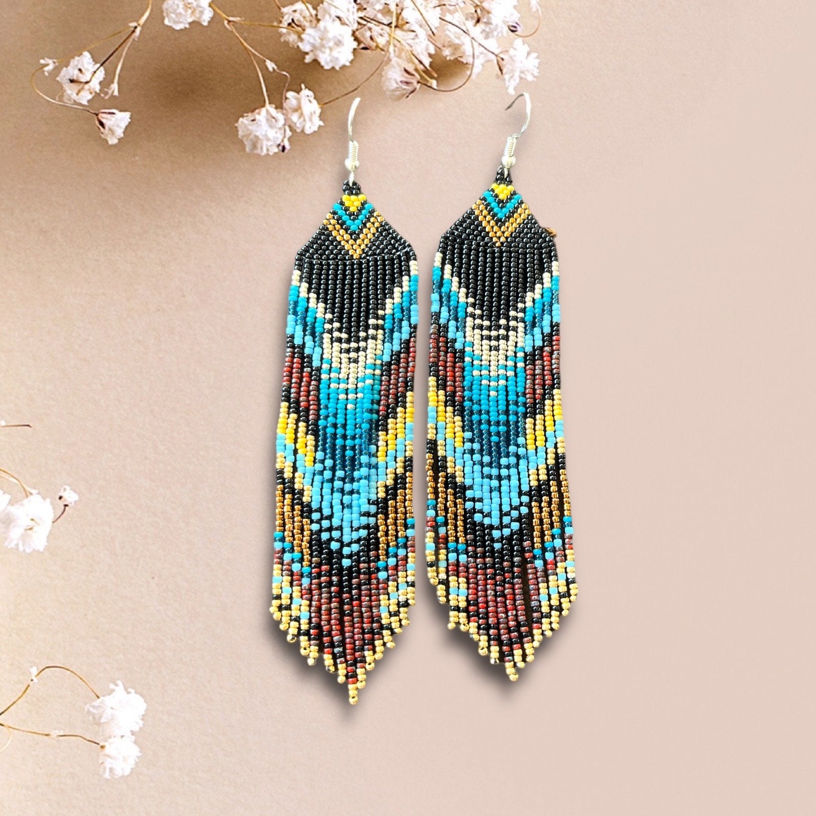 Long American Indian style earrings, bead earrings, seed earrings, fringe earrings, native earrings