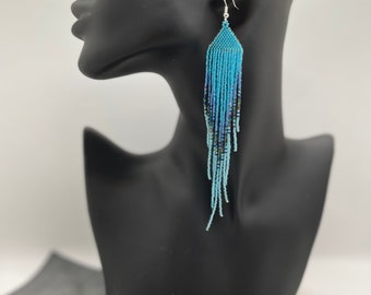 Sea Blue Fringe Earrings, Beaded Earrings, Native Earrings, American Indian Earrings