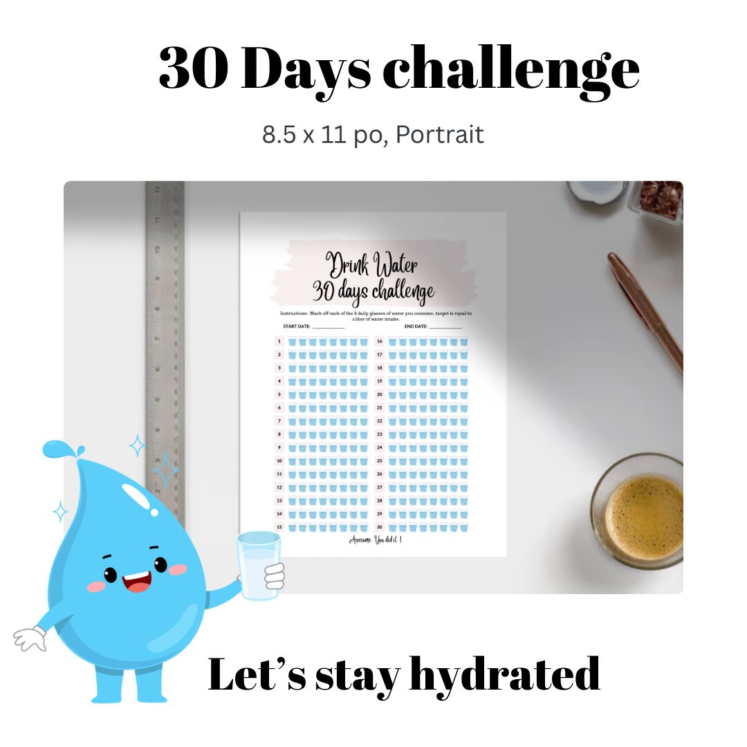 30 Day Drink Water Challenge Printable Digital Wellness Worksheet Daily ...