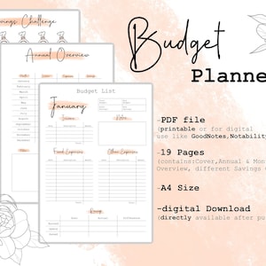 Könnte beinhalten: Ein druckbarer Budgetplaner mit 19 Seiten, einschließlich eines Deckels, einer jährlichen und monatlichen Übersicht sowie verschiedener Sparherausforderungen. Der Planer ist für die digitale Verwendung mit Apps wie GoodNotes und Notability konzipiert. Er ist als digitaler Download im A4-Format verfügbar.