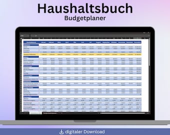 May include: A laptop displays a spreadsheet titled "Haushaltsbuch Budgetplaner" in German. The screen shows a detailed financial table with rows and columns for budgeting. An Excel icon is visible in the lower right corner, indicating the file type.