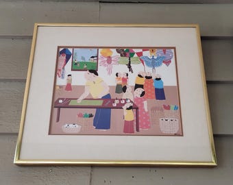 Vintage John Lim Art Print  — Framed Mid-Century Modern Folk Art