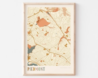 Piedmont Map Poster, Piedmont Print, Piedmont Poster, Piedmont Wall Art, California, Travel Gift, Boho Poster