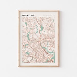 Affiche de carte de Medford, impression de Medford, affiche de Medford, art mural de Medford, Massachusetts, cadeau de voyage, art minimaliste