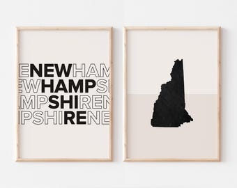 New Hampshire Set of 2 Prints, New Hampshire Print, New Hampshire Map Poster, New Hampshire Map Print Minimalist Boho Wall Art