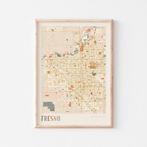 Affiche de carte de Fresno, impression de Fresno, affiche de Fresno, art mural Fresno, Californie, cadeau de voyage, art mural bohème, cadeau grand-mère