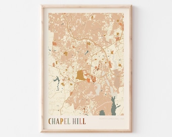 Affiche de carte de Chapel Hill, impression de Chapel Hill, affiche de Chapel Hill, art mural de Chapel Hill, Caroline du Nord, cadeau de voyage, déco bohème