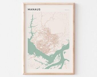 Mapa de Manaos, lámina de Manaos, póster de Manaos, arte mural de Manaos, Brasil, regalo de viaje, arte minimalista