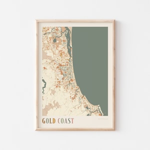 Affiche carte de la Gold Coast, art mural Gold Coast, carte de la Gold Coast, affiche de la Gold Coast, impression de la Gold Coast, Gold Coast Australie, art mural bohème