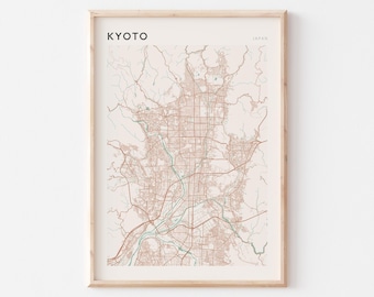 Póster con mapa de Kioto, lámina de Kioto, póster de Kioto, arte mural de Kioto, Japón, regalo de viaje, lámina minimalista