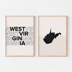 Lot de 2 impressions Virginie-Occidentale, impression Virginie-Occidentale, affiche de carte de Virginie-Occidentale, carte de Virginie-Occidentale impression art mural Boho minimaliste