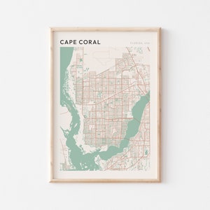 Cape Coral kaart poster, Cape Coral print, Cape Coral poster, Cape Coral kunst aan de muur, Cape Coral stadskaart, Florida, reiscadeau, housewarming