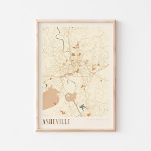 Póster con mapa de Asheville, impresión de Asheville, póster de Asheville, arte mural de Asheville, Carolina del Norte, regalo de viaje, decoración bohemia