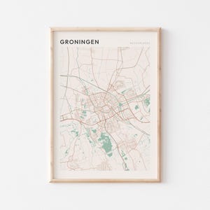 Affiche de carte de Groningue, impression de Groningue, affiche de Groningue, oeuvre d'art murale de Groningue, Pays-Bas, cadeau de voyage, affiche Scandi