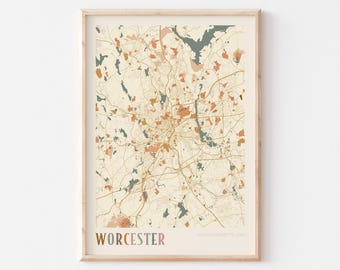 Worcester Map Poster, Worcester Print, Worcester Poster, Worcester Wall Art, Massachusetts, Travel Gift, Boho Print