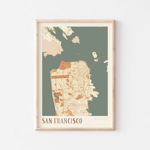 Affiche de carte de San Francisco, art mural de San Francisco, plan de la ville de San Francisco, carte de San Francisco, San Francisco Etats-Unis, art mural bohème