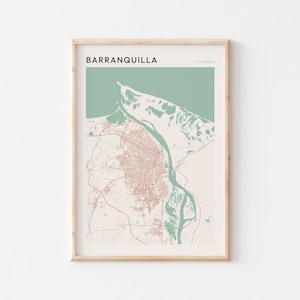 May include: Framed print of Barranquilla, Colombia, featuring a detailed map in shades of brown and green. The city name is displayed in black at the top, with "Colombia" in smaller text. The map is set against a light green and beige background.