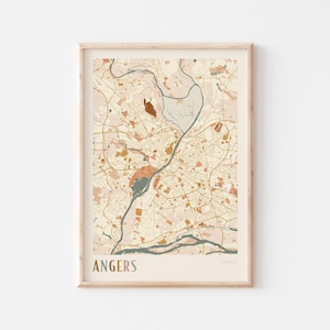 Póster con mapa de Angers, impresión de Angers, póster de Angers, arte mural de Angers, Francia, regalo de viaje, impresión boho