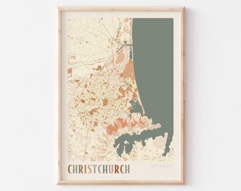 Plakat z mapą Christchurch, sztuka ścienna Christchurch, plakat z Christchurch, wydruk z Christchurch, Christchurch, Nowa Zelandia, sztuka ścienna w stylu boho