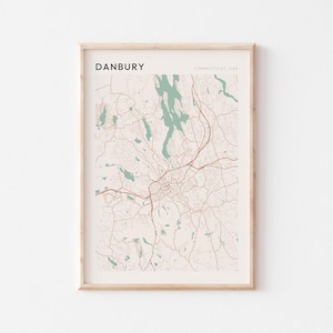 May include: A framed map of Danbury, Connecticut, USA. The map is in a light wood frame and shows the city's streets and waterways in brown and green.