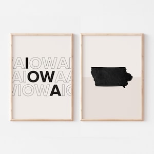 Lot de 2 impressions Iowa, impression Iowa, affiche de carte Iowa, impression carte Iowa art mural bohème minimaliste, art mural Iowa