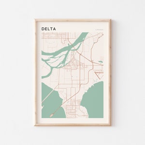 Affiche de carte Delta, oeuvre d'art murale Delta, carte Delta, affiche Delta, impression Delta, Delta, Delta Canada, Colombie-Britannique, Delta Travel, Delta BC