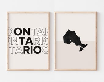 Lot de 2 estampes, impression de l'Ontario, affiche de carte de l'Ontario, impression de carte de l'Ontario, art mural bohème minimaliste, art mural de l'Ontario
