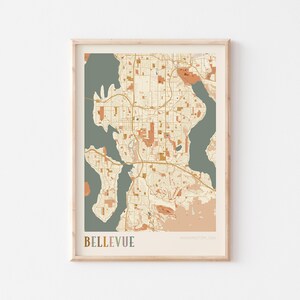 Póster con mapa de Bellevue, impresión de Bellevue, póster de Bellevue, arte de pared de Bellevue, Washington, regalo de viaje, decoración bohemia