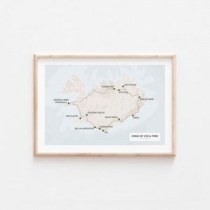 May include: A map of Iceland with a route highlighted in brown, showing the Ring Road and popular attractions like the Golden Circle, Skogafoss, Seljalandsfoss, and Dettifoss. The text "Ring of Ice & Fire" is at the bottom of the map.