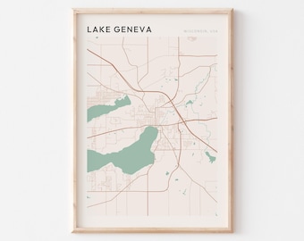 Lake Geneva Map Poster, Lake Geneva Print, Lake Geneva Poster, Lake Geneva Wall Art, Wisconsin, Travel Gift, Scandi Wall Art