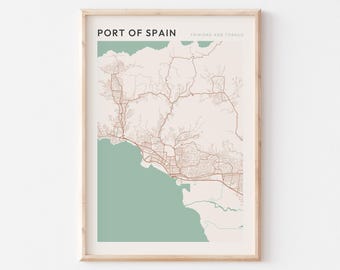 Póster con mapa de Puerto España, lámina de Puerto España, póster de Puerto España, arte mural de Puerto España, Trinidad y Tobago, regalo de viaje, arte rústico.