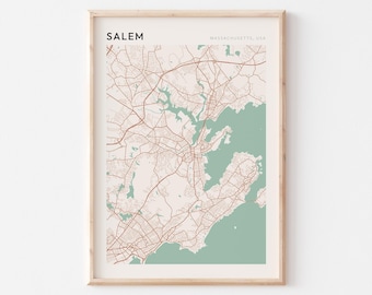 Pôster com mapa de Salem, Impressão de Salem, Cartaz de Salem, Arte de parede de Salem, Massachusetts, Presente de viagem, Arte minimalista