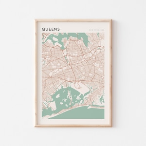 Poster carte du Queens, impression Queens, poster Queens, oeuvre d'art murale Queens, New York, cadeau de voyage, poster Scandi